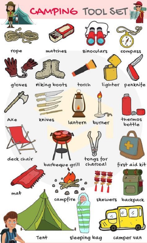Từ vựng tiếng Anh về đồ dùng cần trong buổi cắm trại